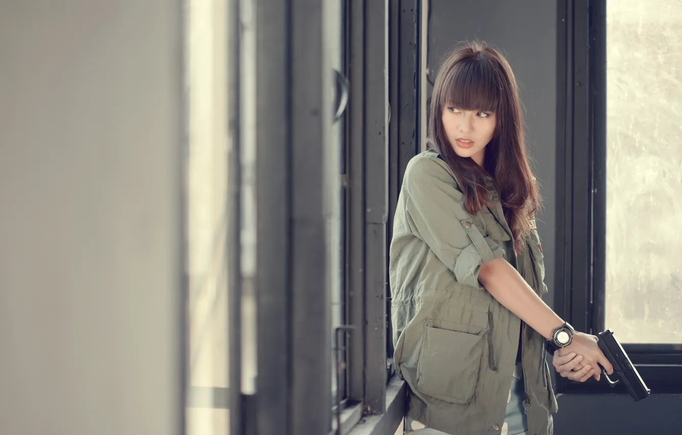 Photo wallpaper look, girl, gun, Asian