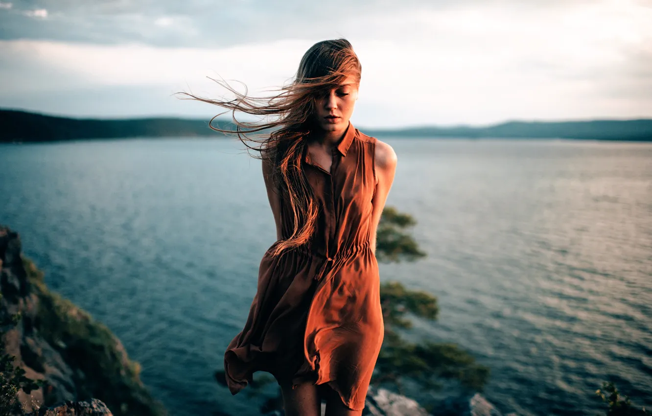 Photo wallpaper girl, the wind, hair, dress