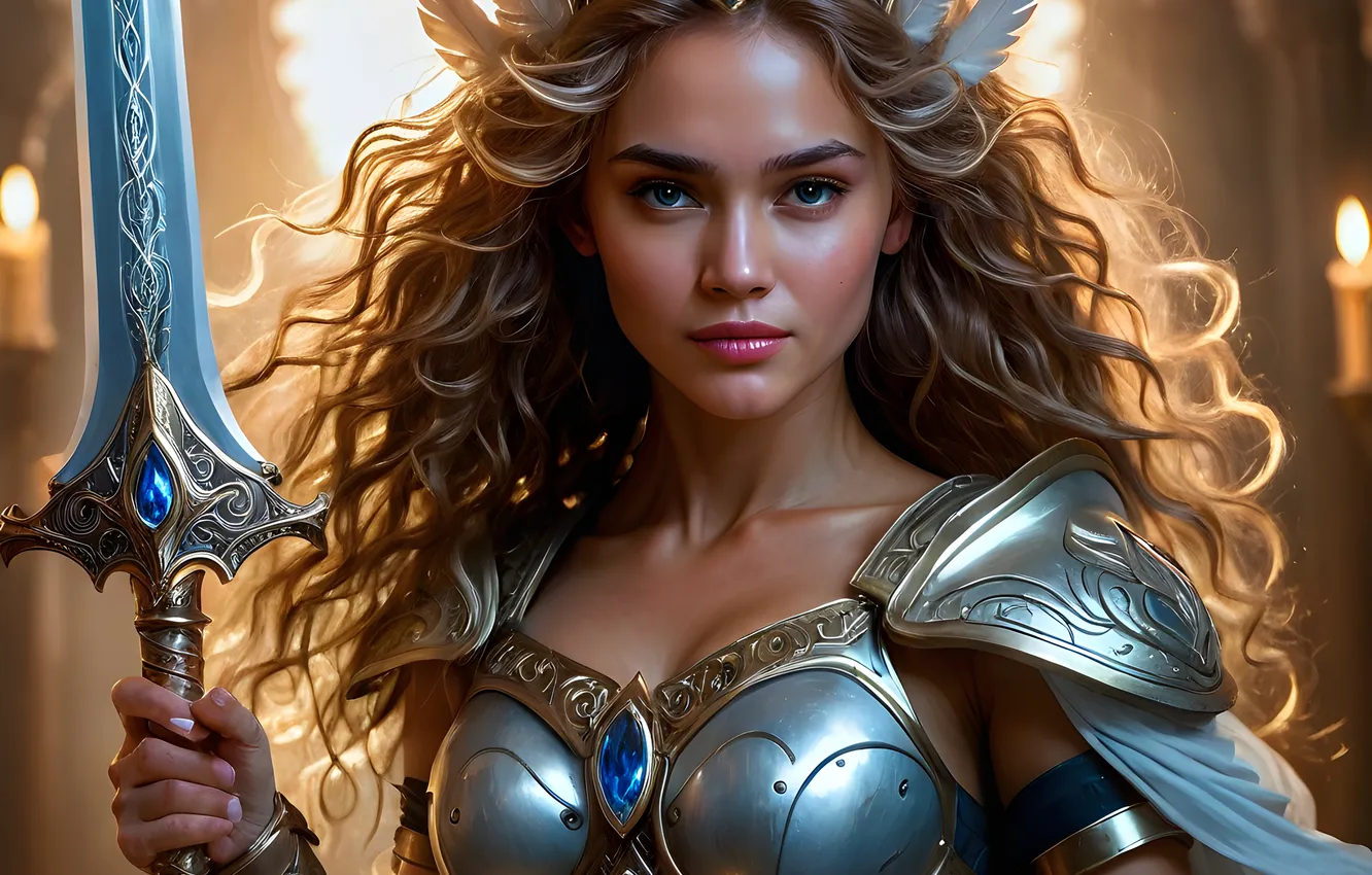 Photo wallpaper girl, sword, armor, feathers, warrior, AI art, neural network