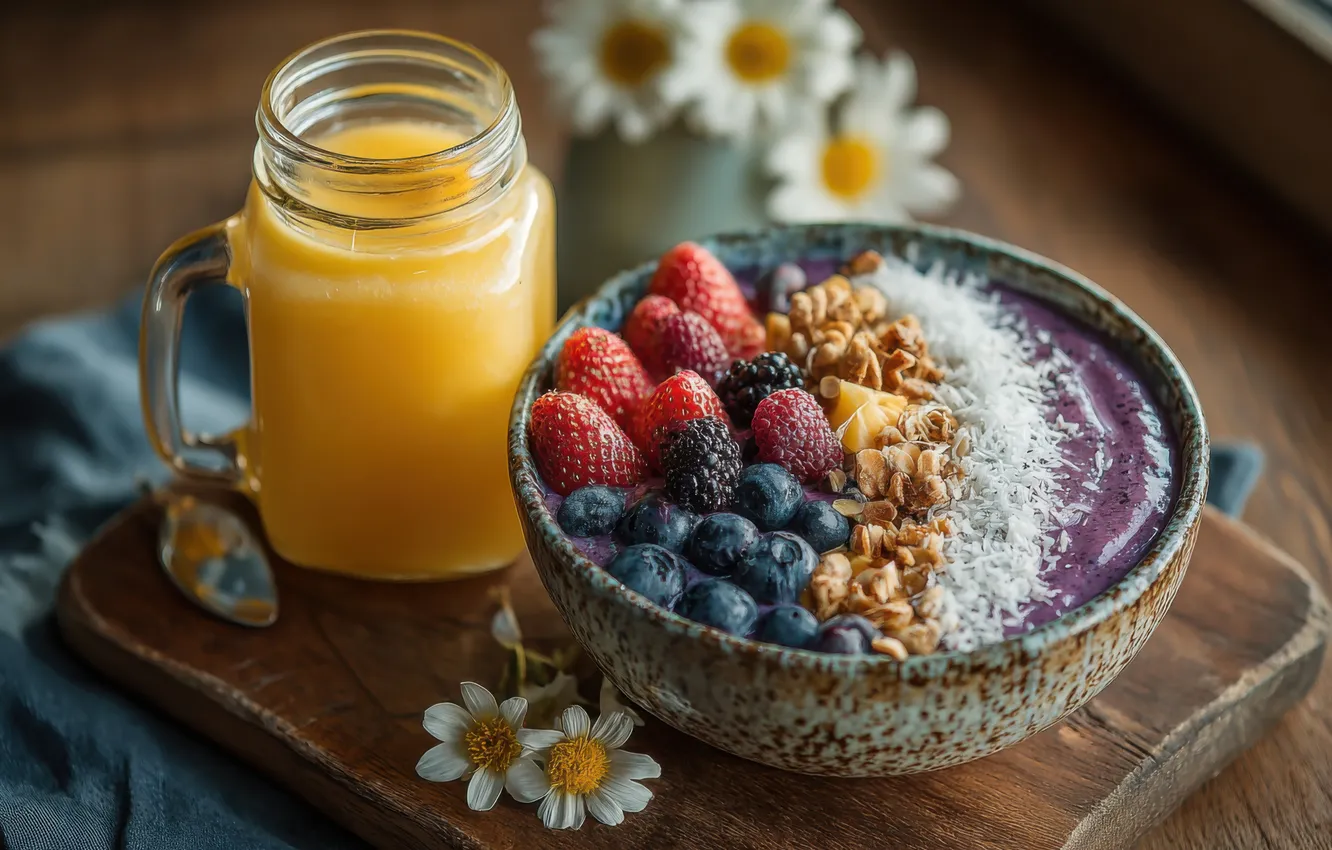 Photo wallpaper berries, raspberry, table, chamomile, Breakfast, blueberries, strawberry, juice
