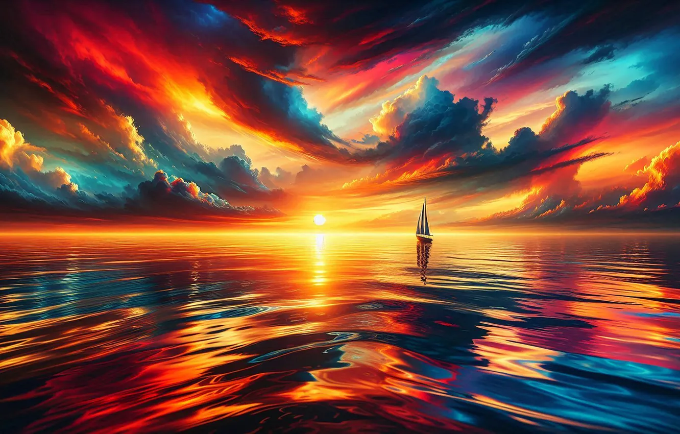 Photo wallpaper the sky, the sun, clouds, reflection, boat, heaven, ship, sailboat