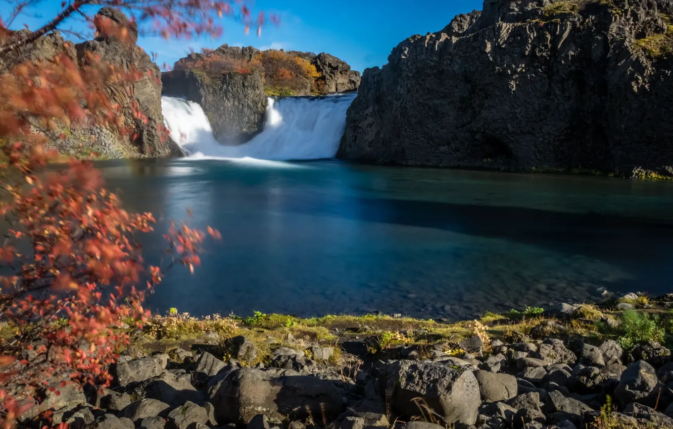 Photo wallpaper autumn, lake, rocks, waterfall, Iceland