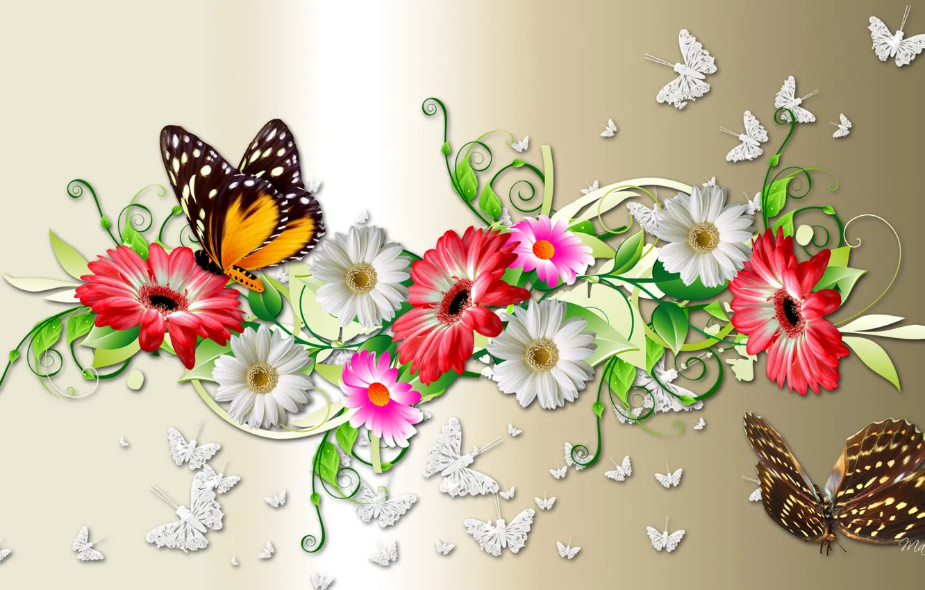 Photo wallpaper flowers, collage, butterfly, bouquet, petals, moth