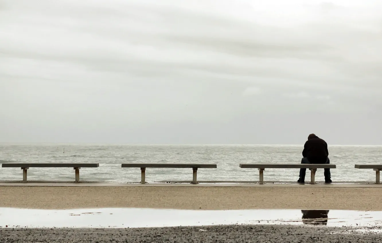 Photo wallpaper sea, loneliness, mood, people, bench