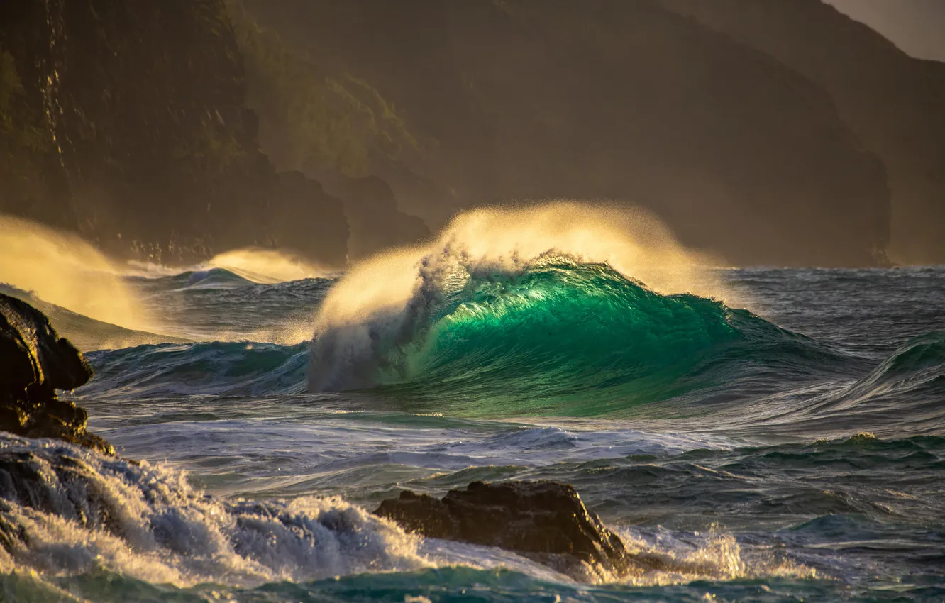 Photo wallpaper sea, wave, water, light, squirt, storm, nature, stones