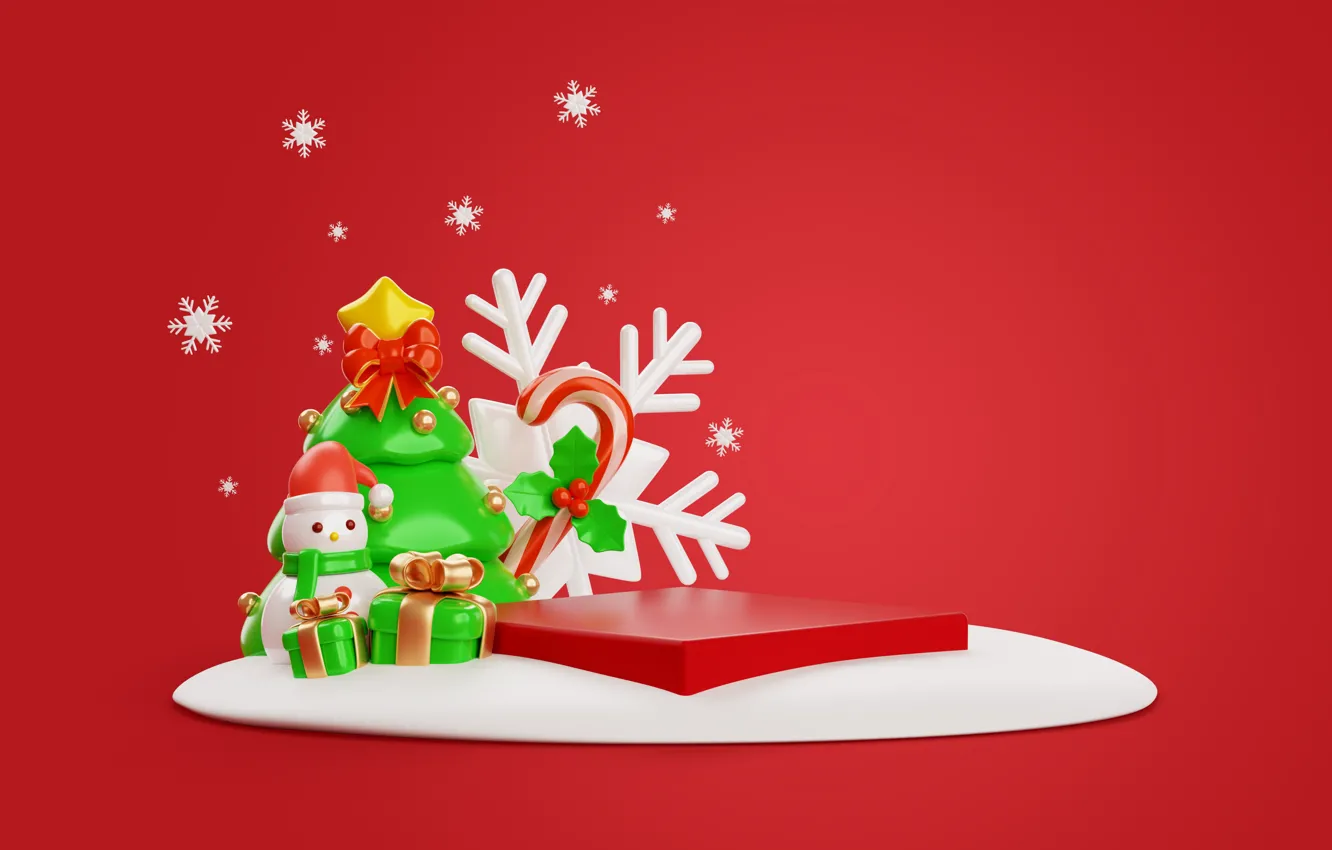 Photo wallpaper stars, balls, snowflakes, rendering, box, gift, new year, Christmas