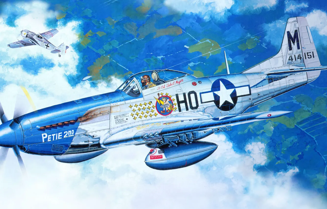 Photo wallpaper figure, Mustang, dogfight, Fw-190, P-51D