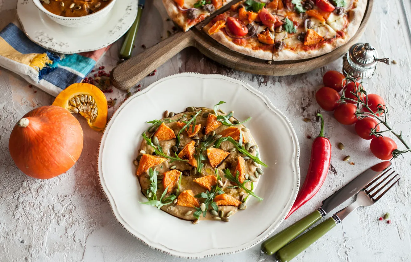 Photo wallpaper pumpkin, plug, tomatoes, the second dish