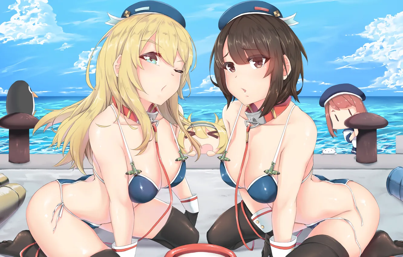 Photo wallpaper girl, sexy, cleavage, thighhighs, long hair, sea, boobs, anime