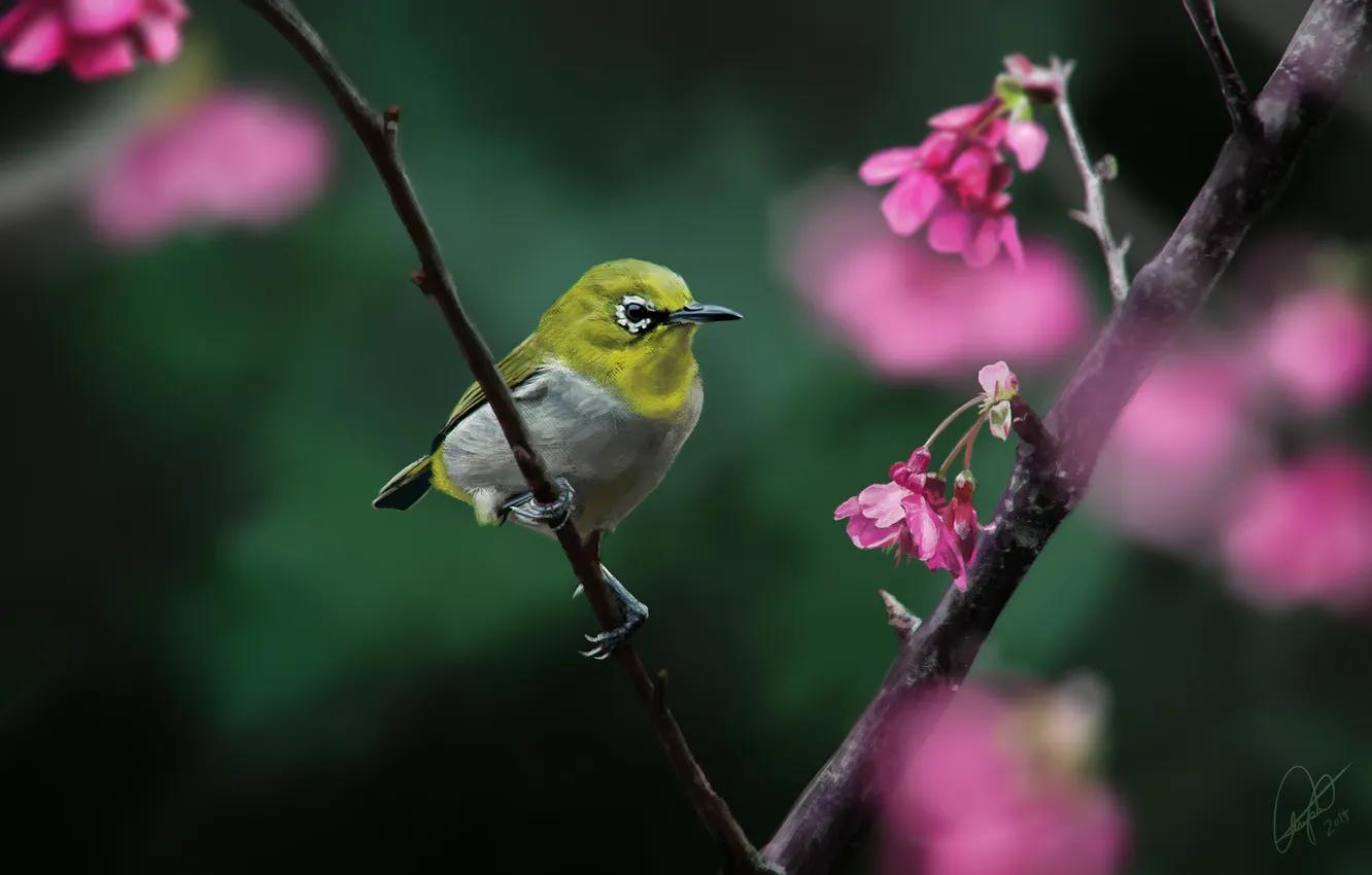 Photo wallpaper trees, flowers, branches, yellow, bird, art