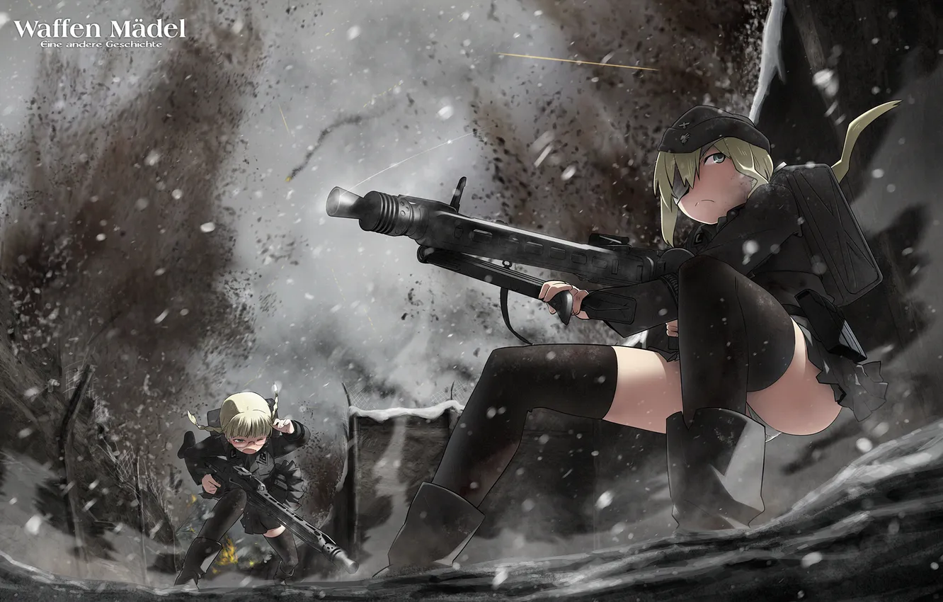 Photo wallpaper snow, weapons, smoke, battle, girl, battle, machine gun, the trench