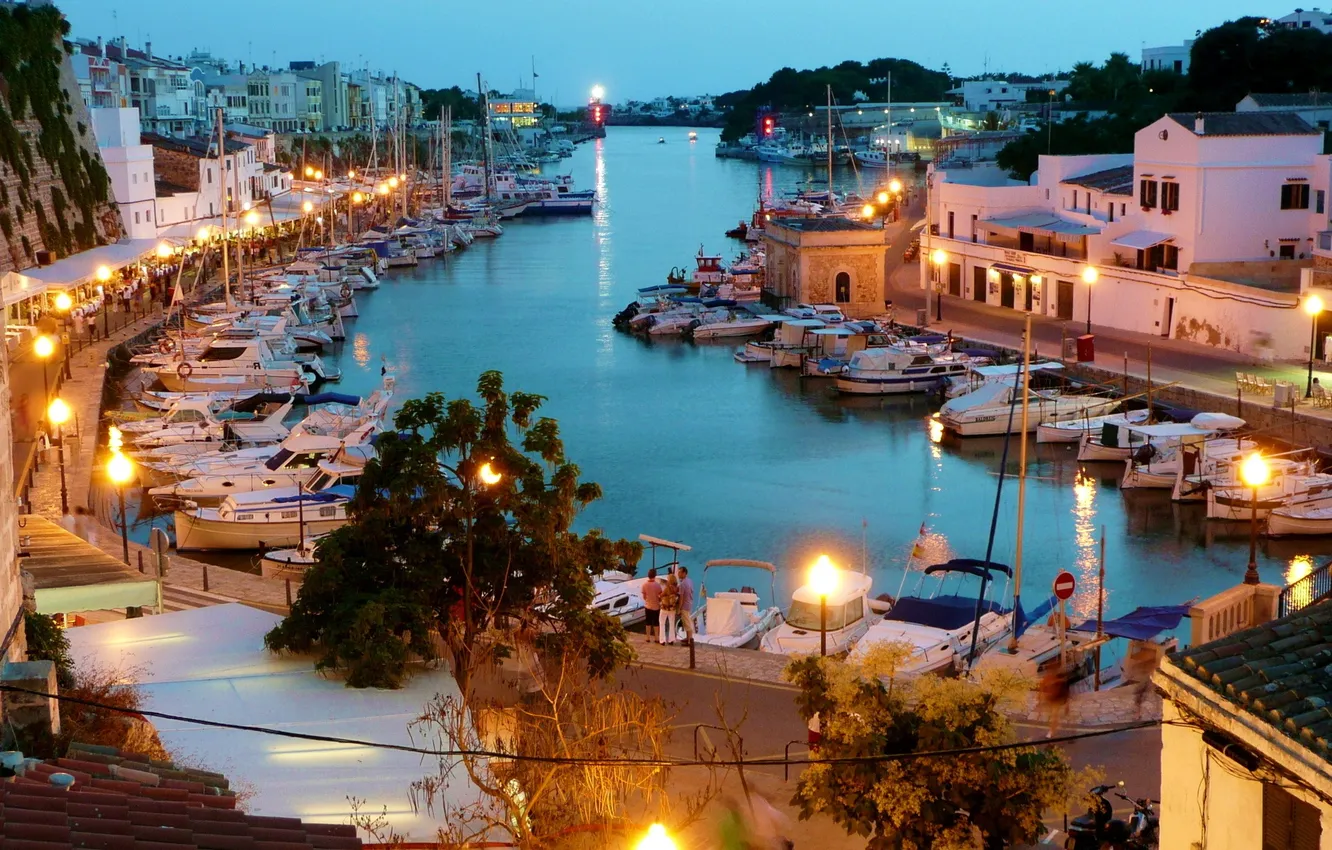 Photo wallpaper river, island, home, Spain, boats., o-va, balearskie, siudadela