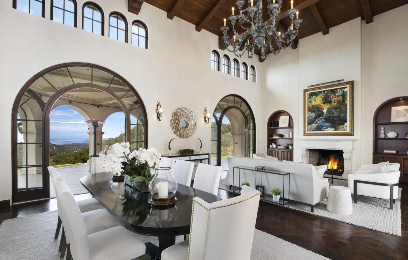Photo wallpaper design, style, interior, fireplace, living room, dining room, Luxury villa, Chima Vista