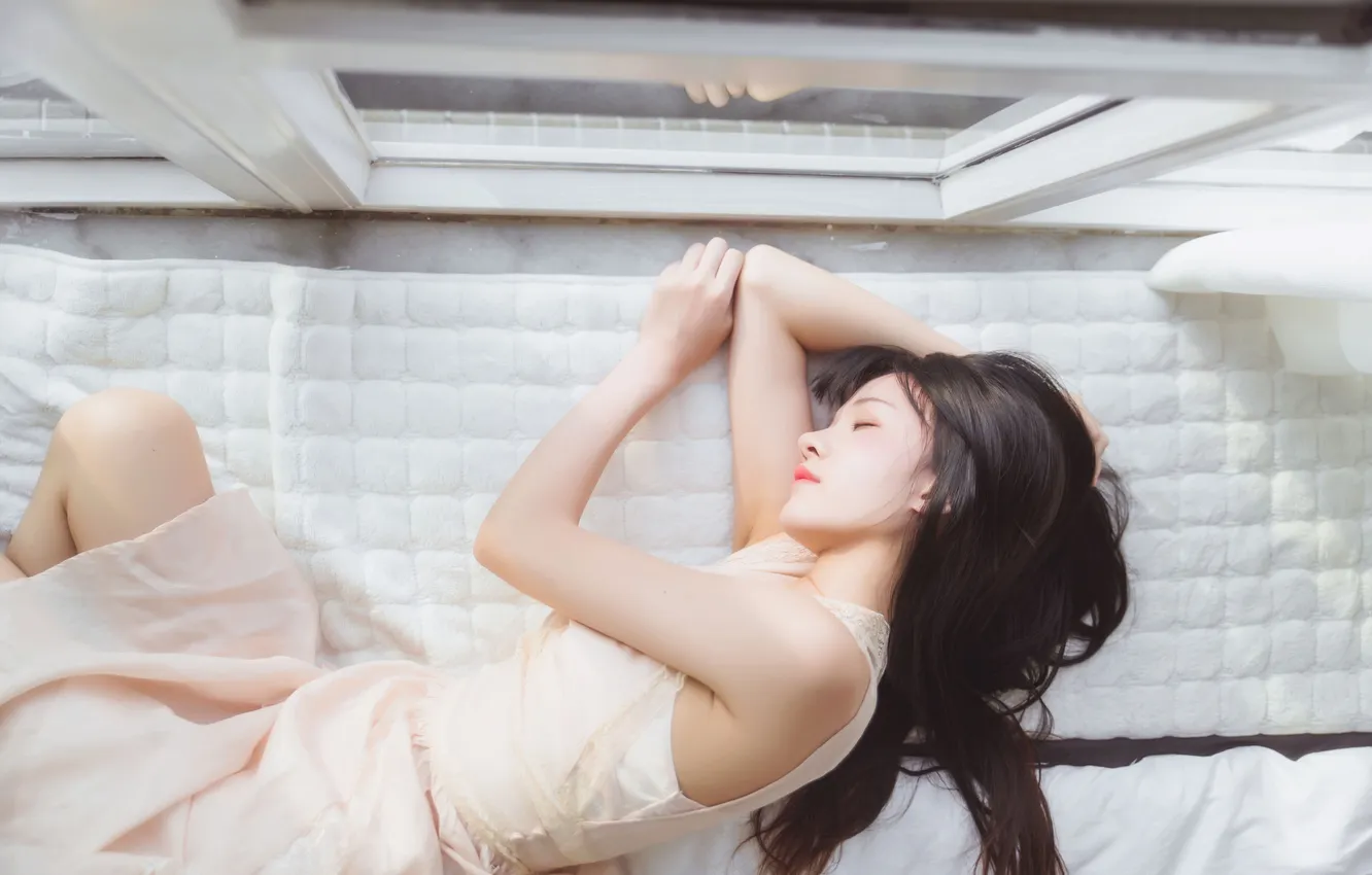 Photo wallpaper glass, woman, beautiful, model, pretty, window, bed, asian