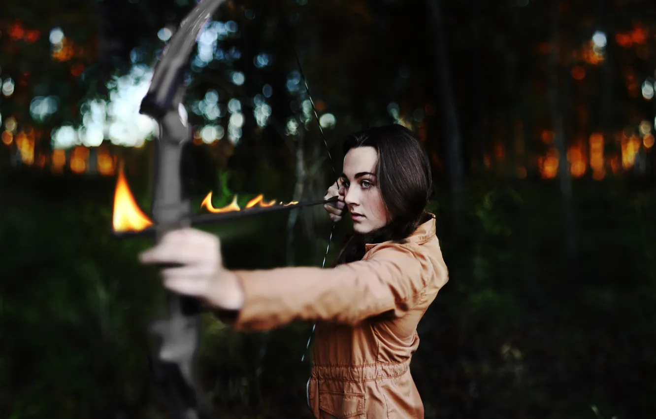 Photo wallpaper look, girl, lights, mood, flame, brunette, bow, arrows