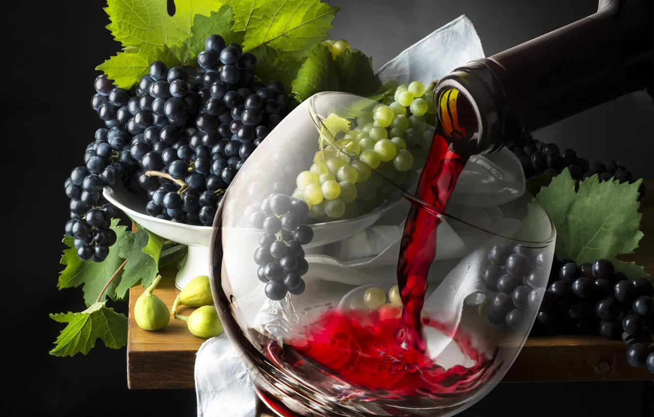 Photo wallpaper wine, glass, grapes, glass, wine, grapes, drink