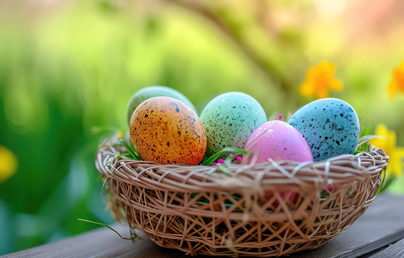 Photo wallpaper eggs, spring, colorful, Easter, wood, spring, Easter, eggs