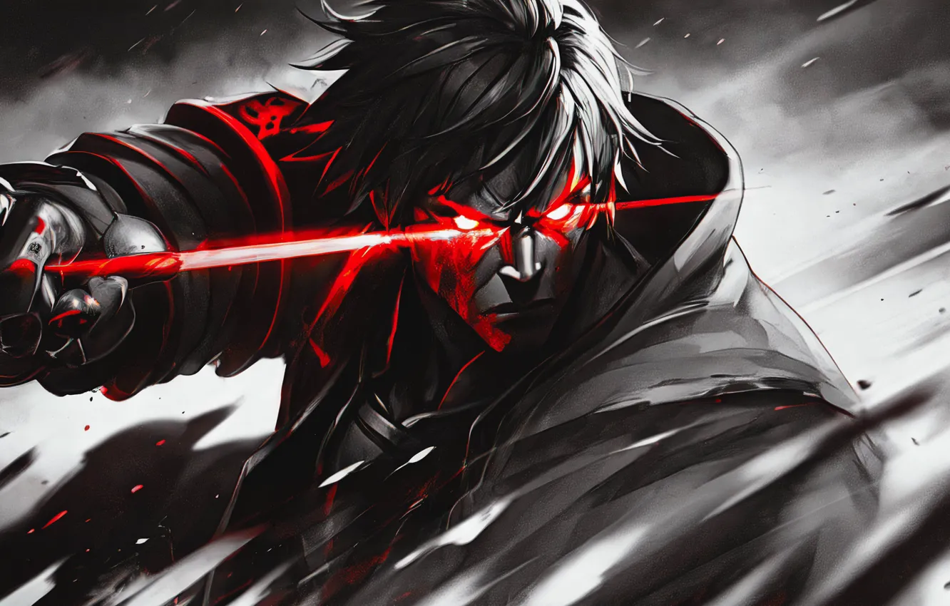 Photo wallpaper weapons, rage, vortex, hatred, cloak, red eyes, artificial intelligence, Stable Diffusion