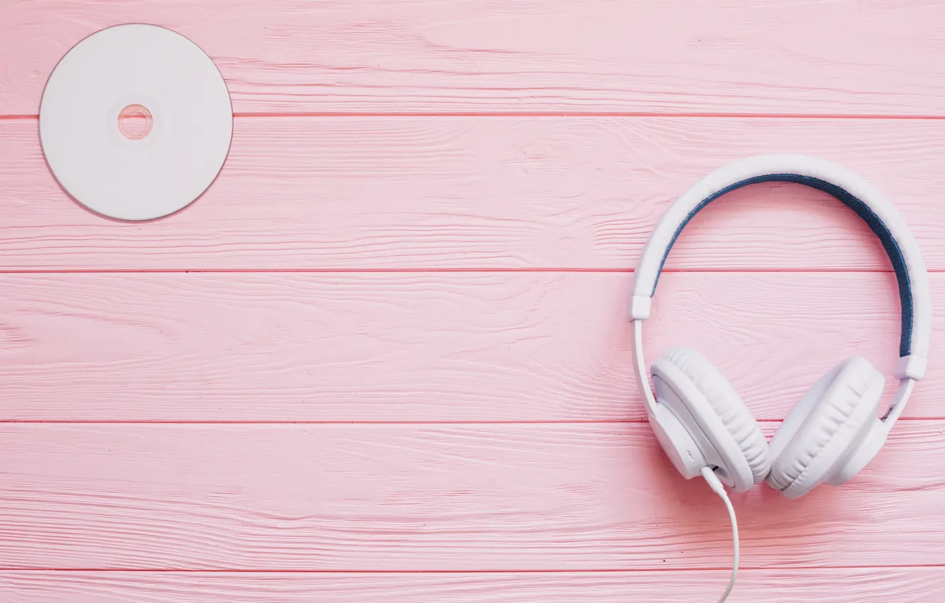 Photo wallpaper white, music, headphones, disk, pink background