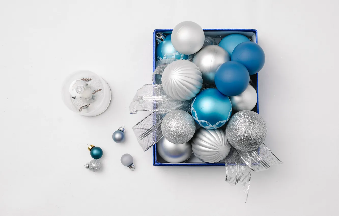 Photo wallpaper balls, holiday, box, blue, Christmas, small, New year, snowman