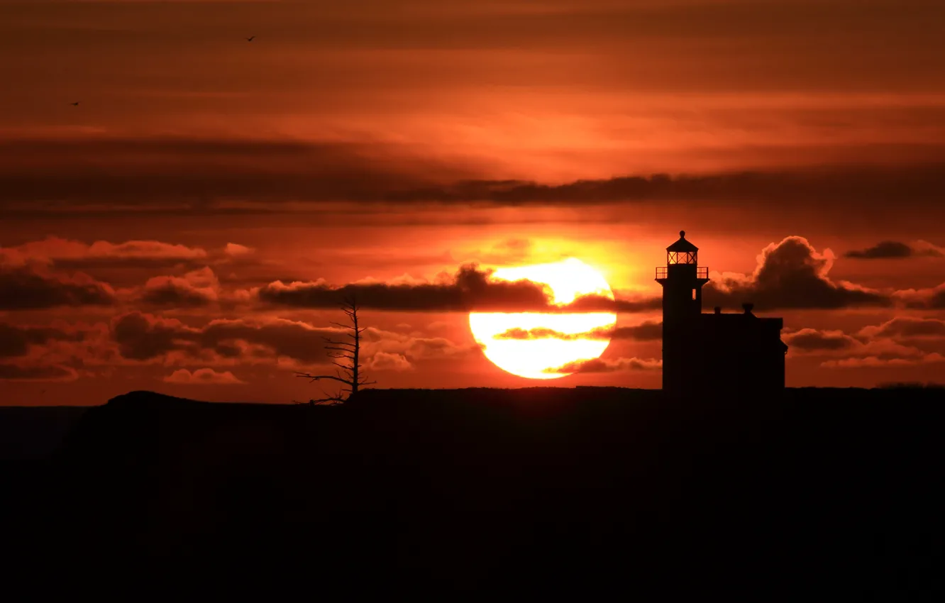 Photo wallpaper the sun, clouds, sunset, lighthouse, silhouette