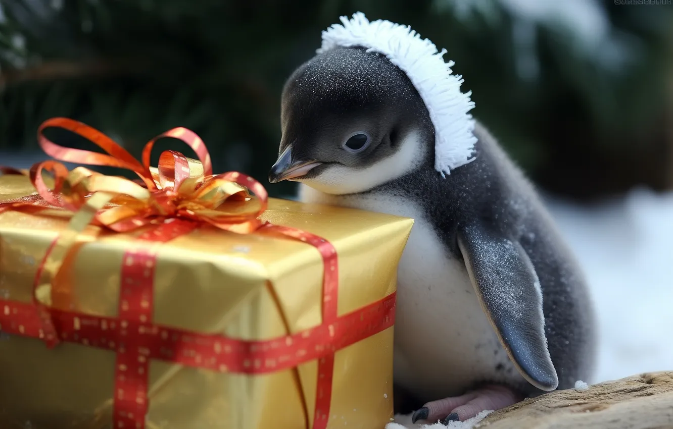 Photo wallpaper frost, look, snow, holiday, box, gift, bird, penguins