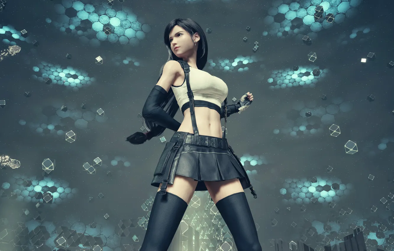 Photo wallpaper abstract, Final Fantasy, stockings, women, brunette, digital art, t-shirt, gloves