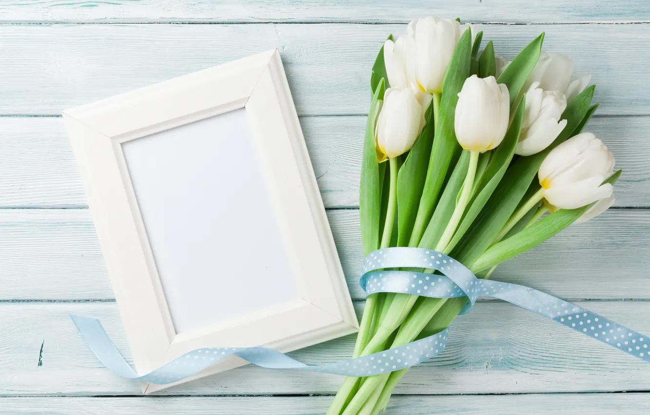Photo wallpaper flowers, bouquet, frame, tulips, white, wood, flowers, tulips
