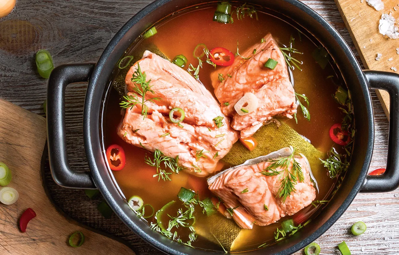 Photo wallpaper fish, pan, ears, salmon
