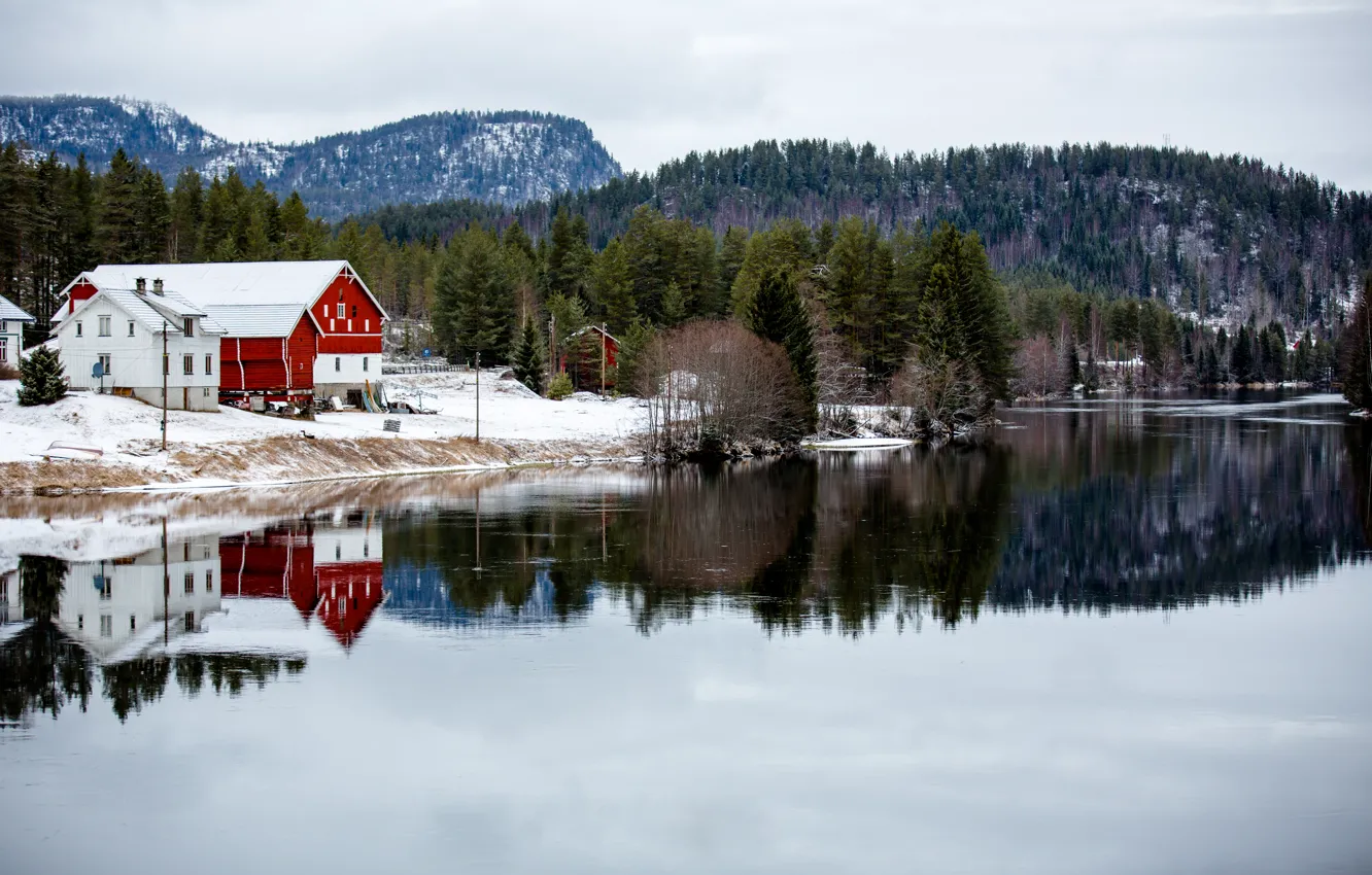 Photo wallpaper snow, mountains, lake, reflection, boat, village, mountains, lake