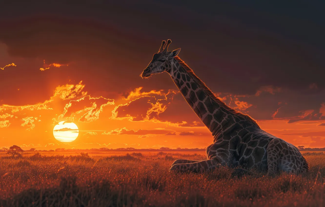 Photo wallpaper grass, the sun, clouds, dawn, giraffe, Savannah, digital art, AI art