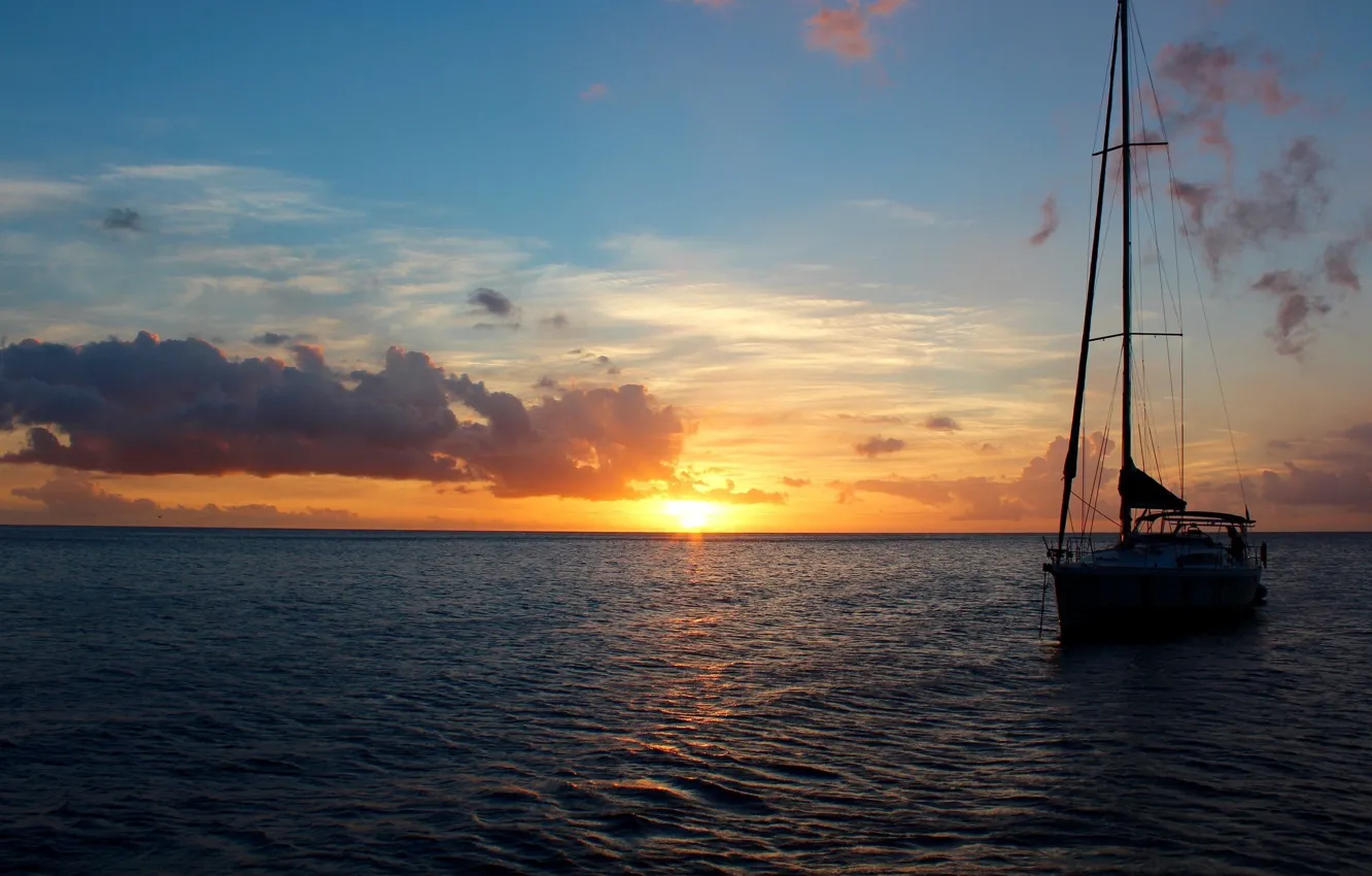 Photo wallpaper sea, sunset, the evening, yacht, at anchor, Anchoring with a view