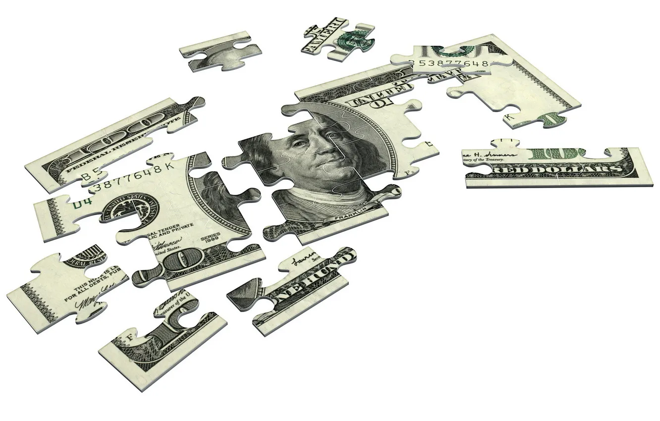 Photo wallpaper white, background, money, USA, dollars, bills, puzzle