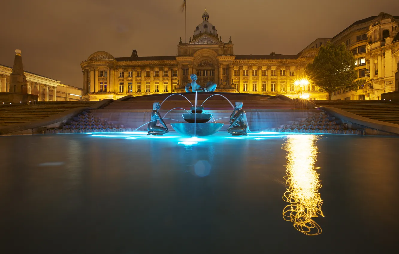 Photo wallpaper night, lights, England, fountain, Palace, Birmingham, Victoria square