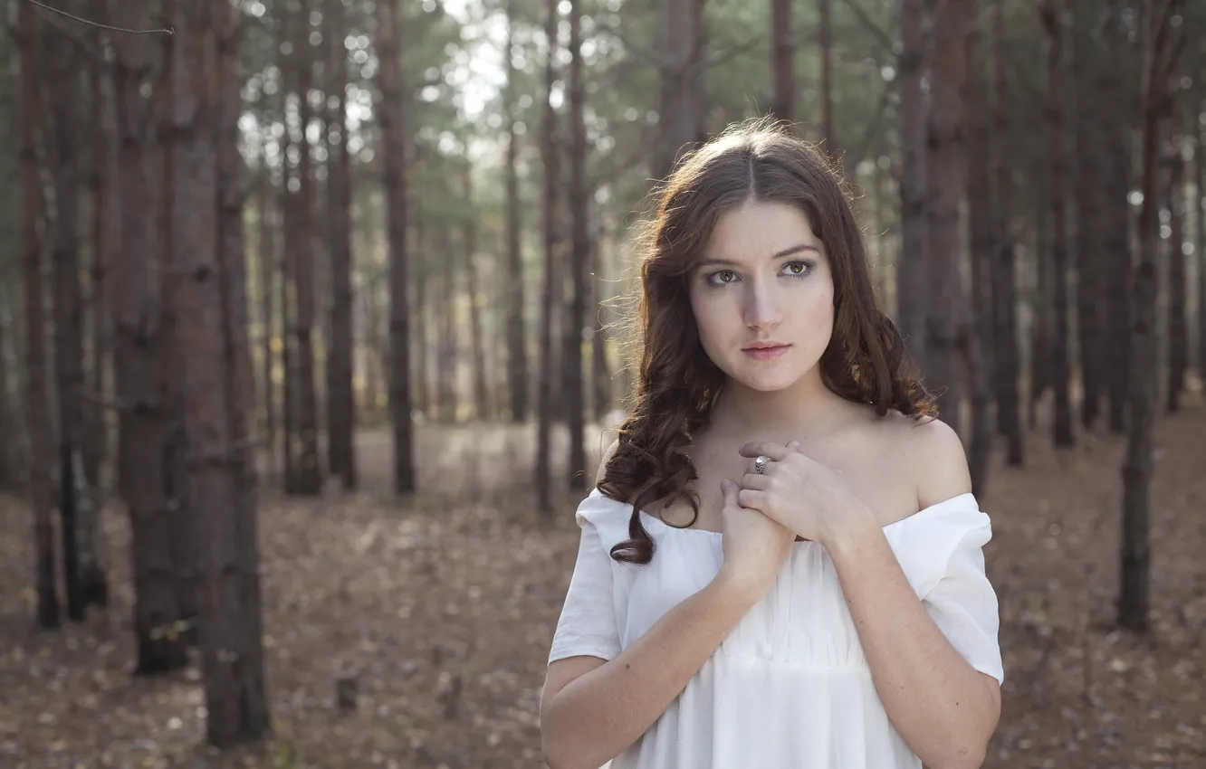 Photo wallpaper forest, look, girl, trees, dress, ring, brown hair, curls