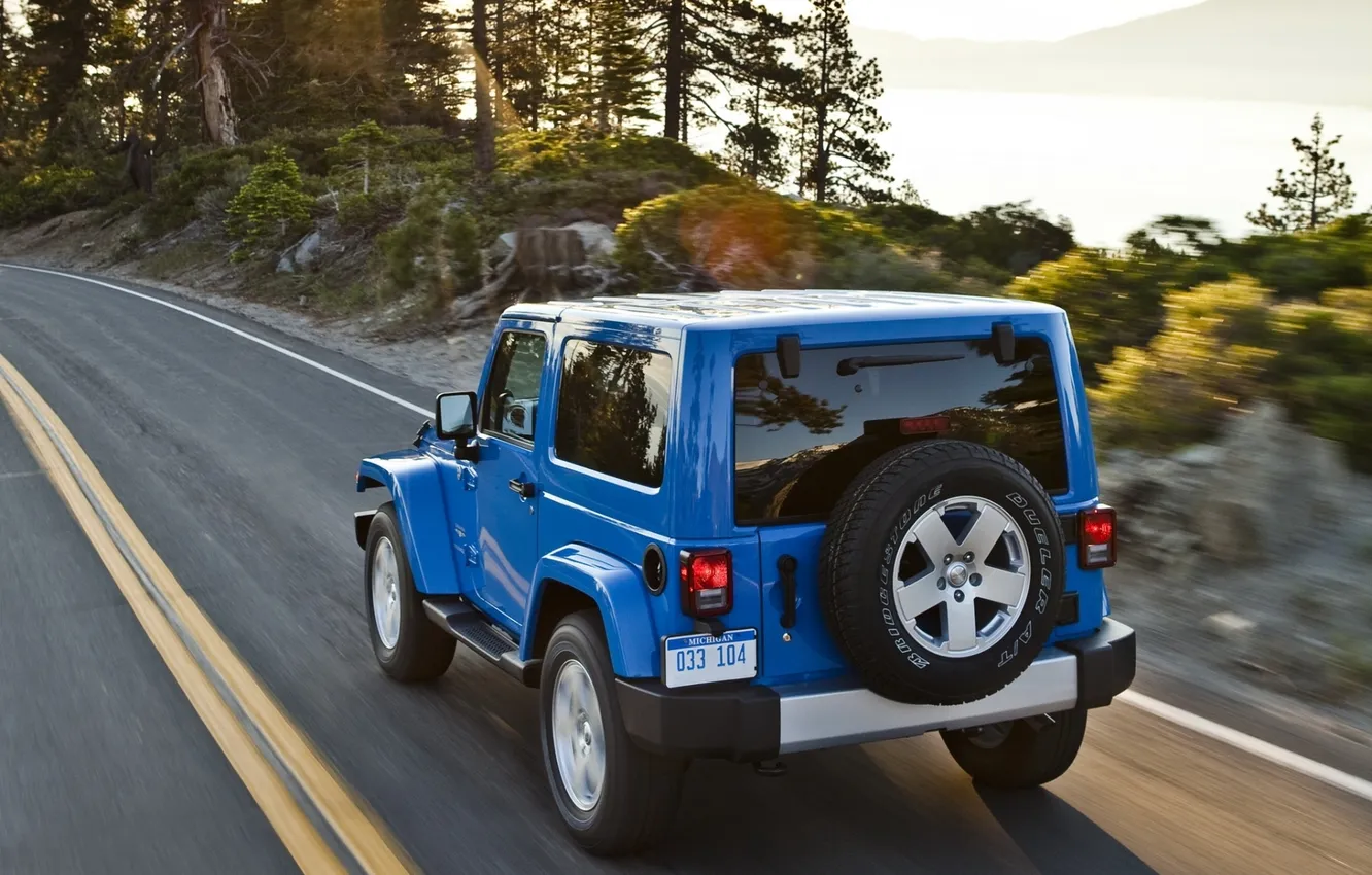 Photo wallpaper road, trees, blue, background, Jeep, rear view, Sahara, Wrangler