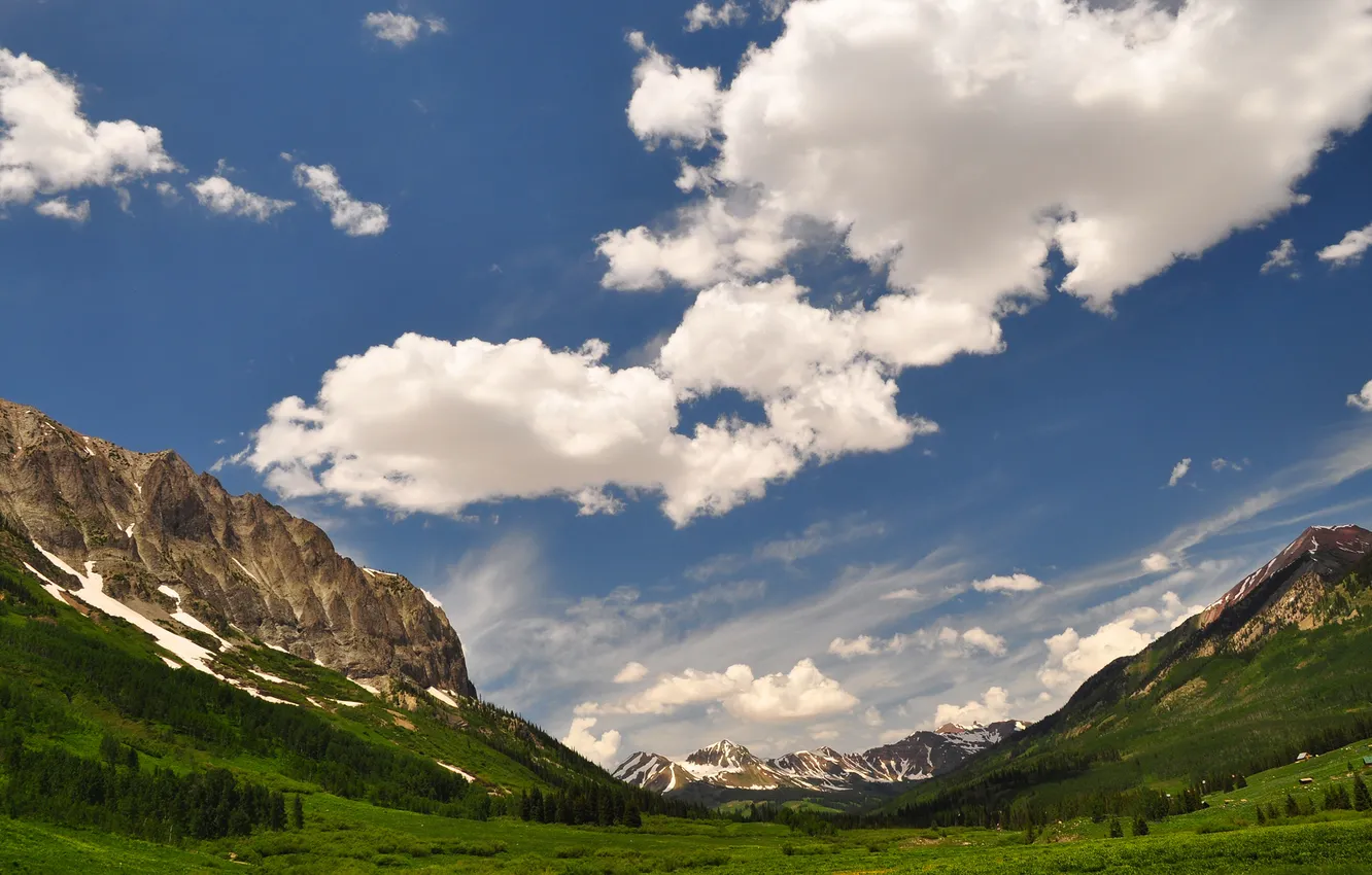Photo wallpaper the sky, clouds, mountains, valley, meadow