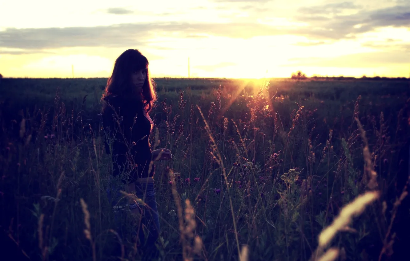 Photo wallpaper sadness, the sky, grass, look, girl, the sun, sunset, nature