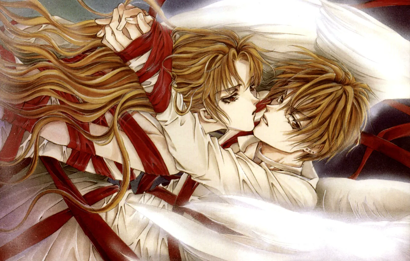 Photo wallpaper hugs, red ribbon, white wings, the abode of the angels, angel sanctuary, Setsuna Mudo, the …