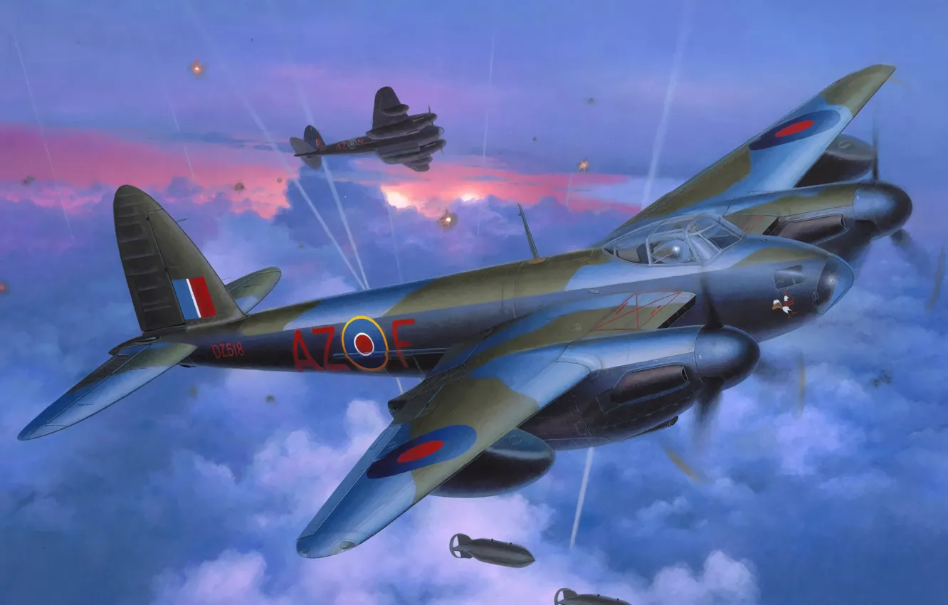 Photo wallpaper war, art, painting, aviation, WW2, De Havilland Mosquito, britsh heavy fighter/light bomber