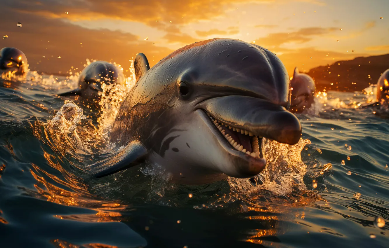 Photo wallpaper face, water, squirt, teeth, dolphins, digital art, AI art, The Art of Artificial Intelligence