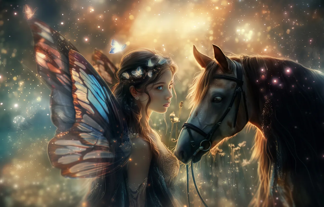 Photo wallpaper horse, wings, fairy, girl, two, digital art, AI art, The Art of Artificial Intelligence
