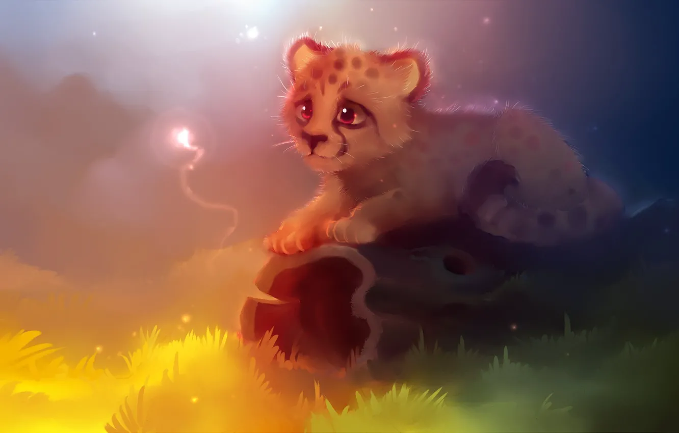 Photo wallpaper grass, eyes, light, yellow, green, magic, Cheetah, log