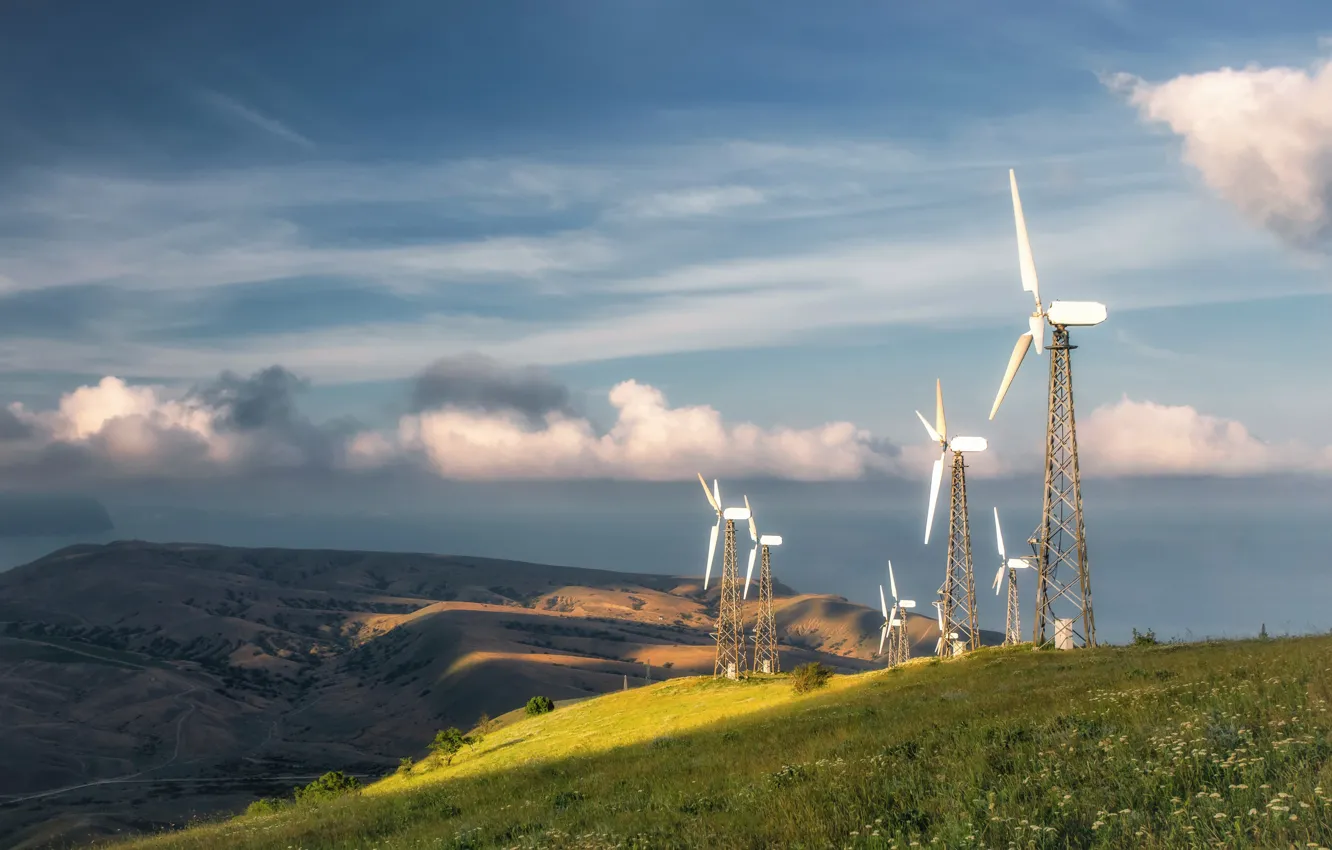 Photo wallpaper clouds, light, hills, windmills