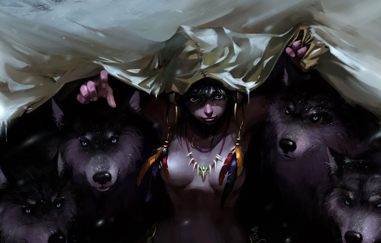 Photo wallpaper look, girl, pack, wolves, Mowgli