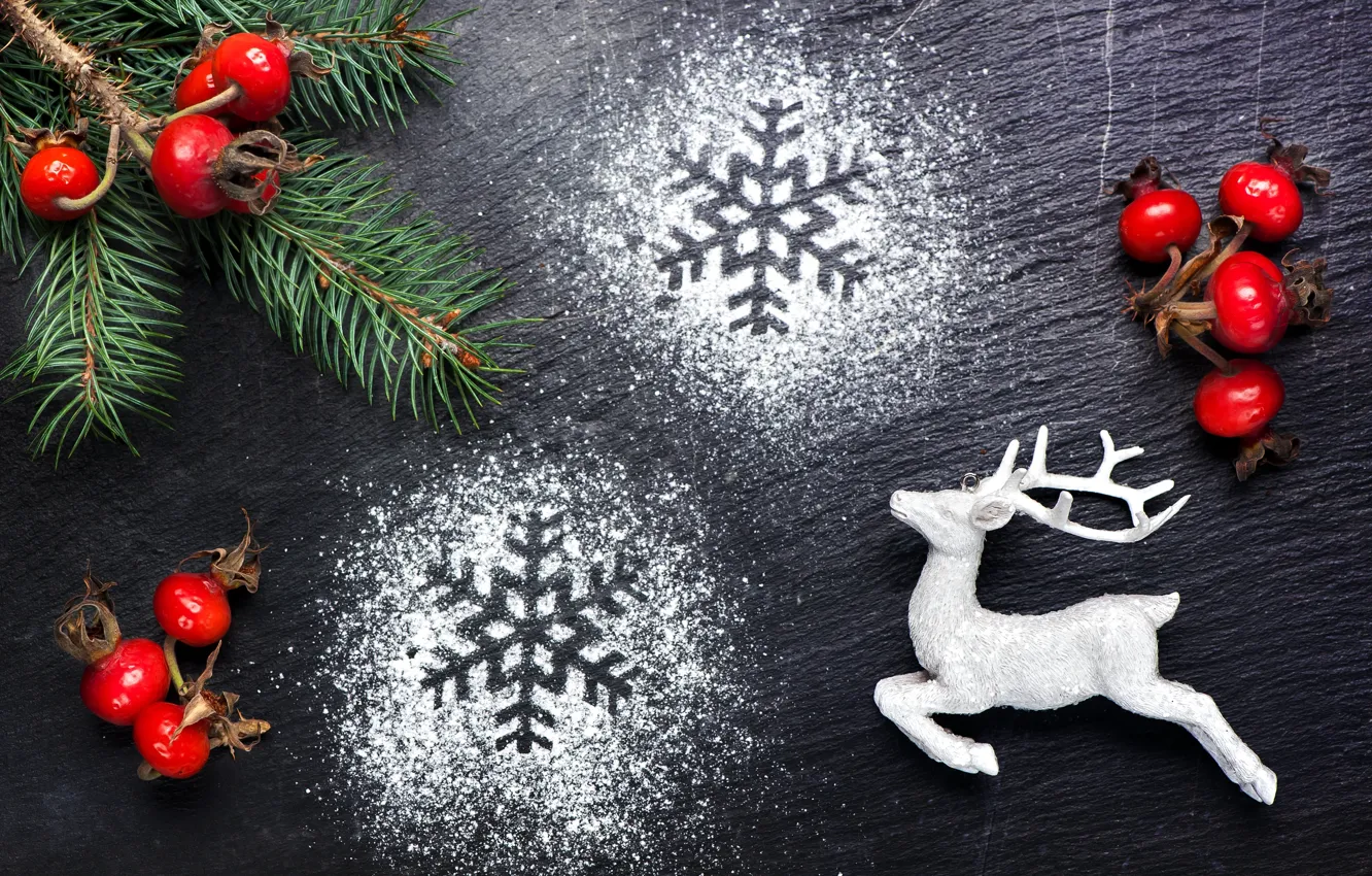 Photo wallpaper snowflakes, branches, berries, spruce, deer, merry christmas