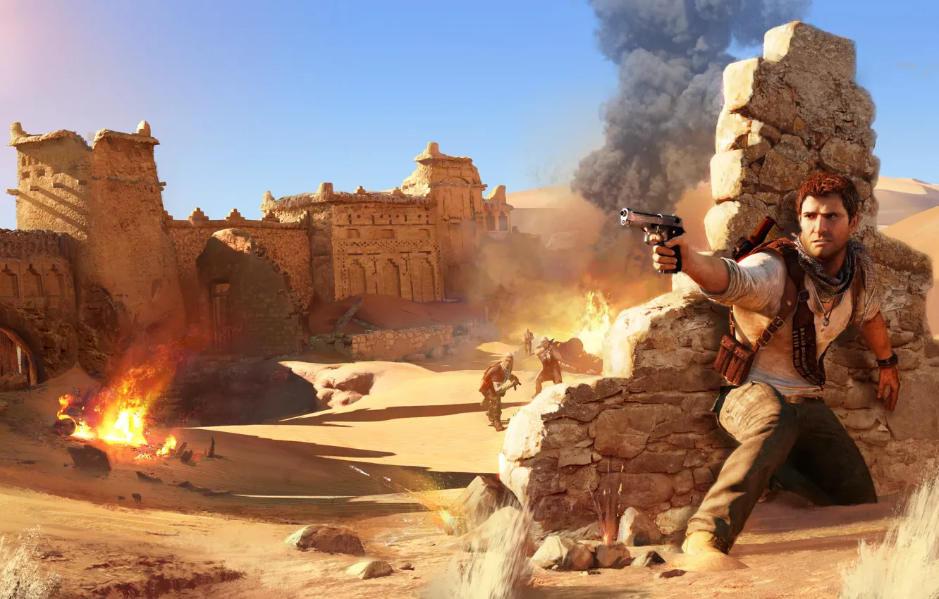Photo wallpaper desert, soldiers, ruins, Nathan Drake, Uncharted 3: Drake's Deception