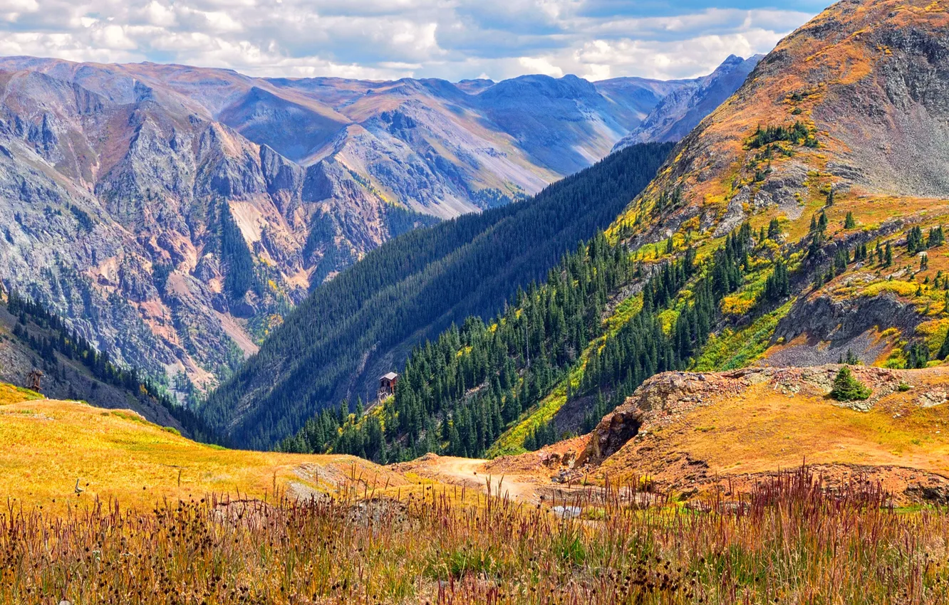 Photo wallpaper autumn, the sky, clouds, trees, mountains