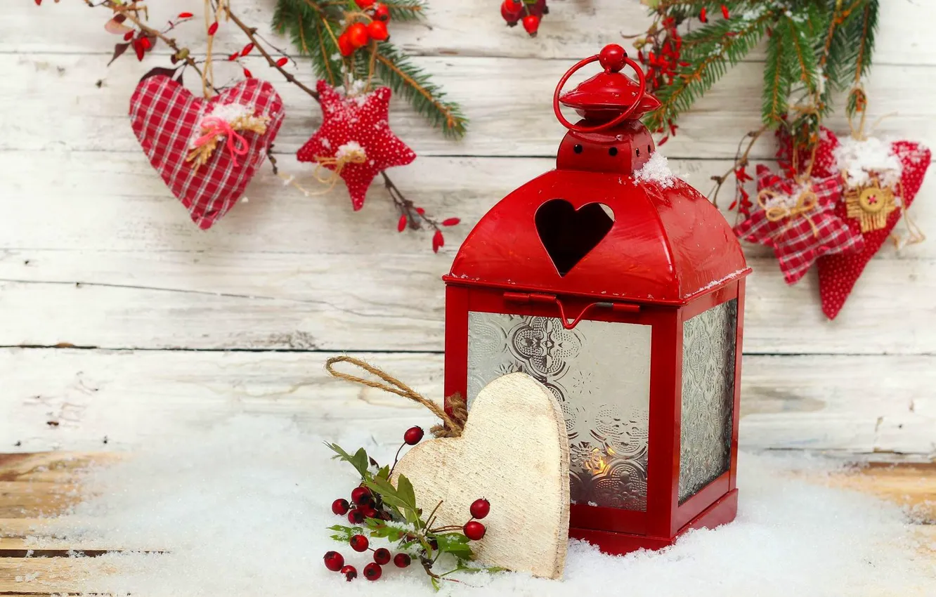 Photo wallpaper winter, snow, holiday, heart, star, candles, Christmas, lantern
