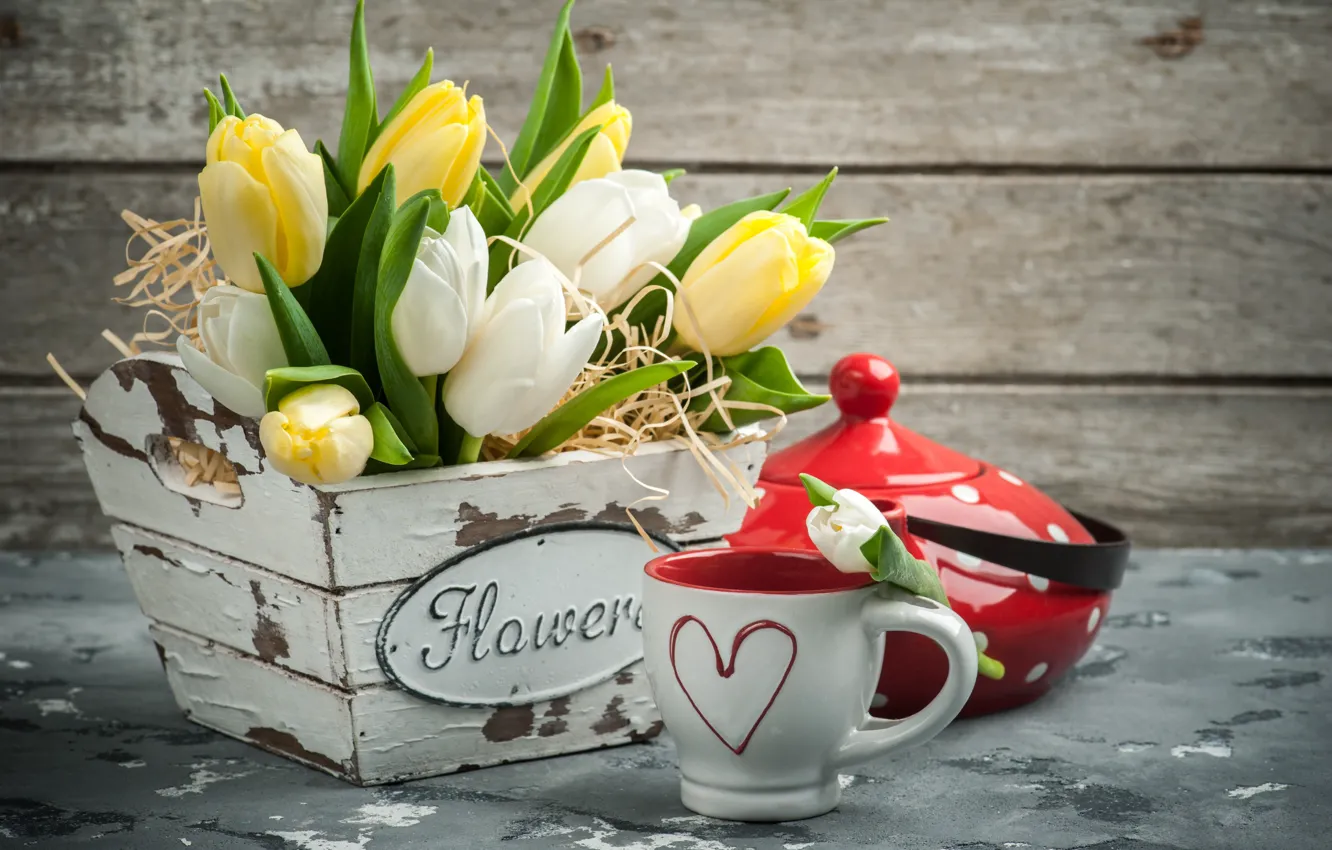 Photo wallpaper style, bouquet, yellow, kettle, Cup, tulips, THE OFF
